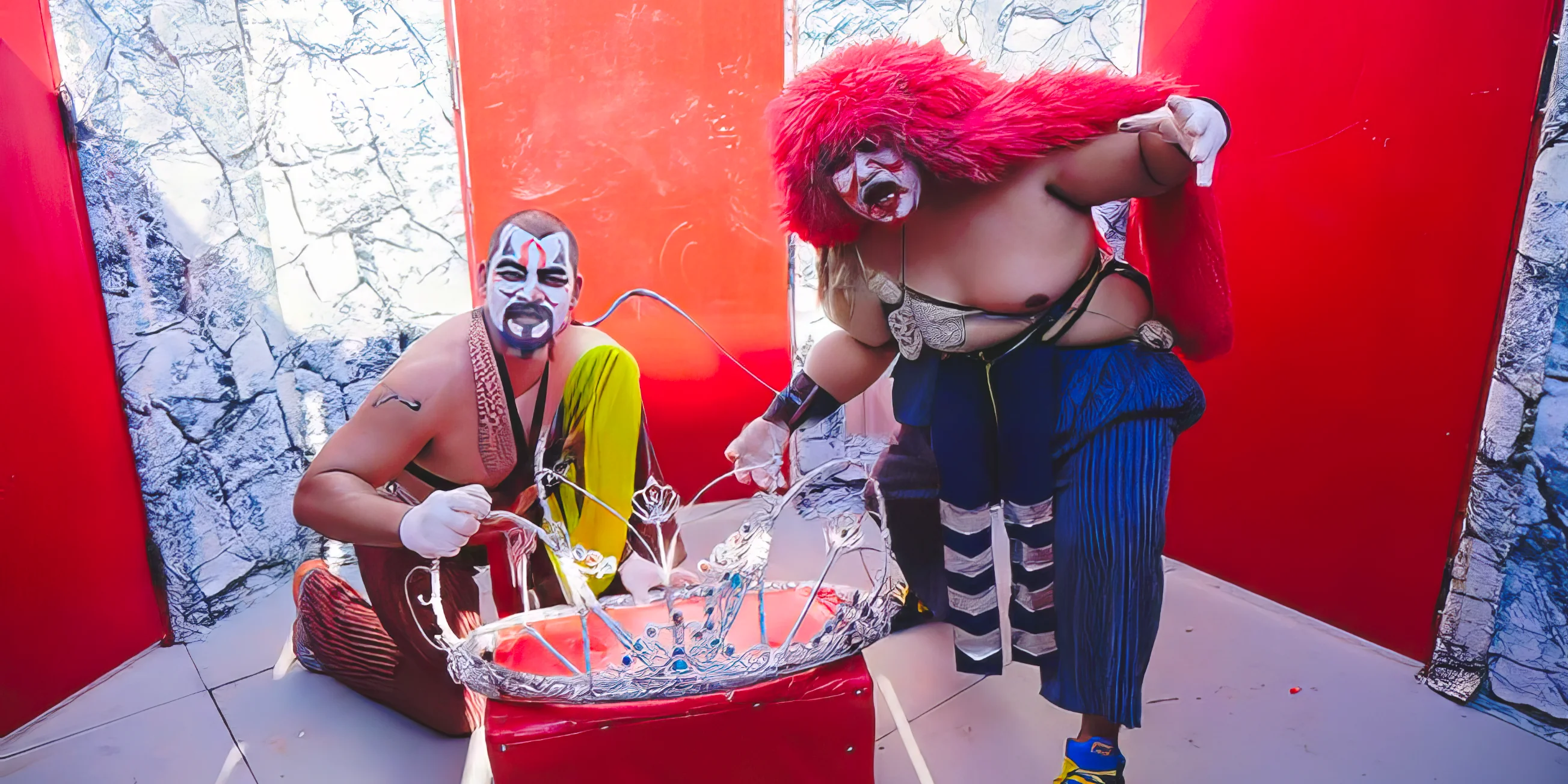 Two large guards - one with a shaved head and one wearing a long red wig - pose with a giant tiara in Takeshi's Castle Thailand's Honeycomb Maze